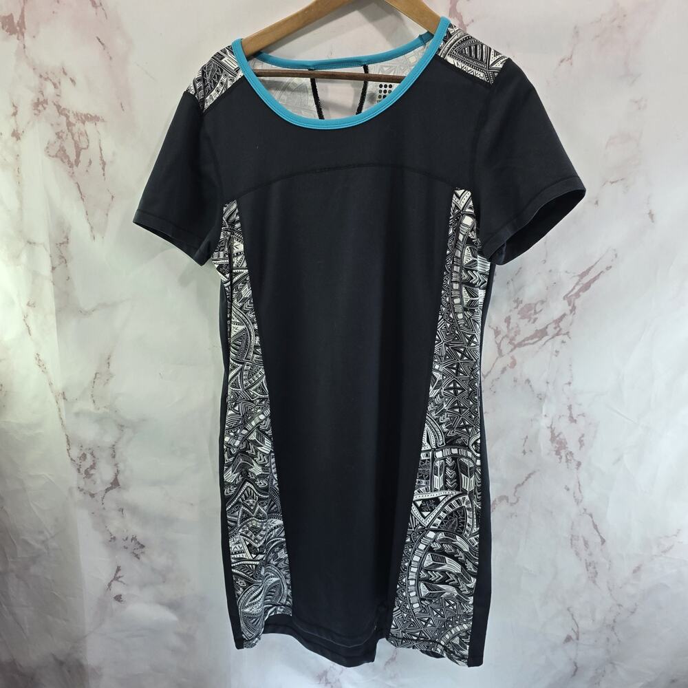 Title Nine Dress Women Large Black Blue Short Sleeve Geo Overdrive Gidget Dream